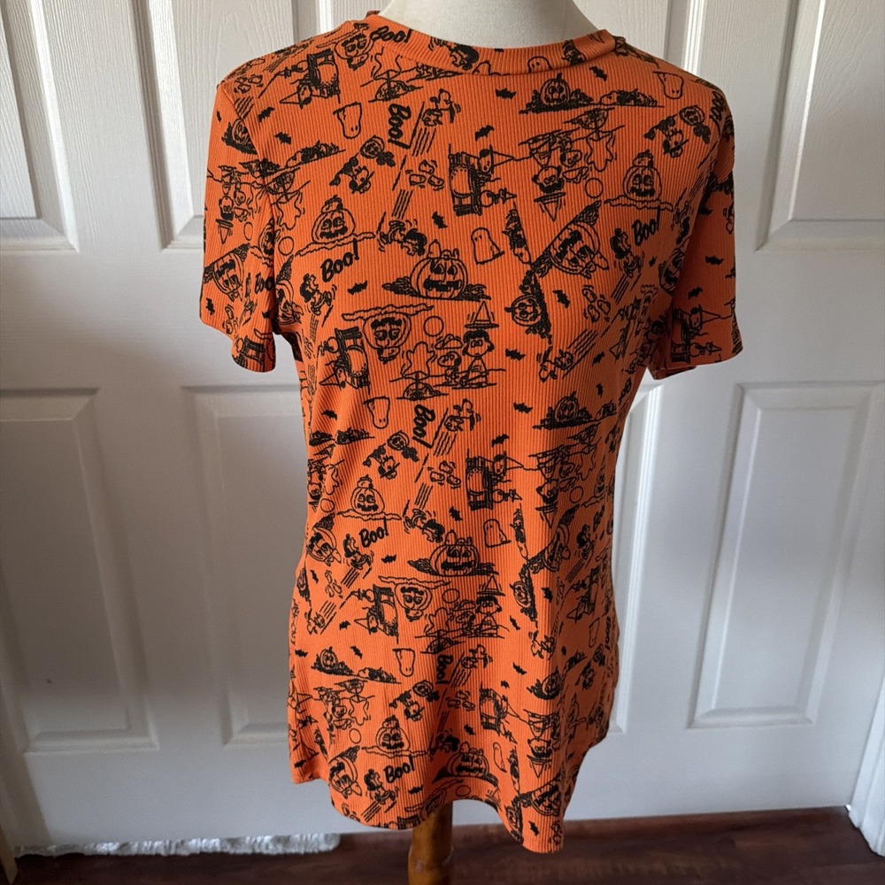 Peanuts Snoopy Halloween Orange Ribbed Tee 2X Boo Pumpkin Ghost Stretch Top